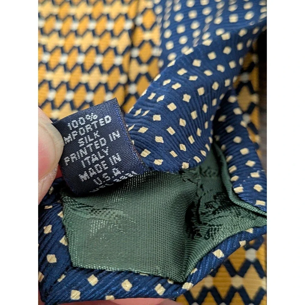 Tommy Hilfiger Italian Silk Tie Blue Gold Geometric Pattern USA Made 58